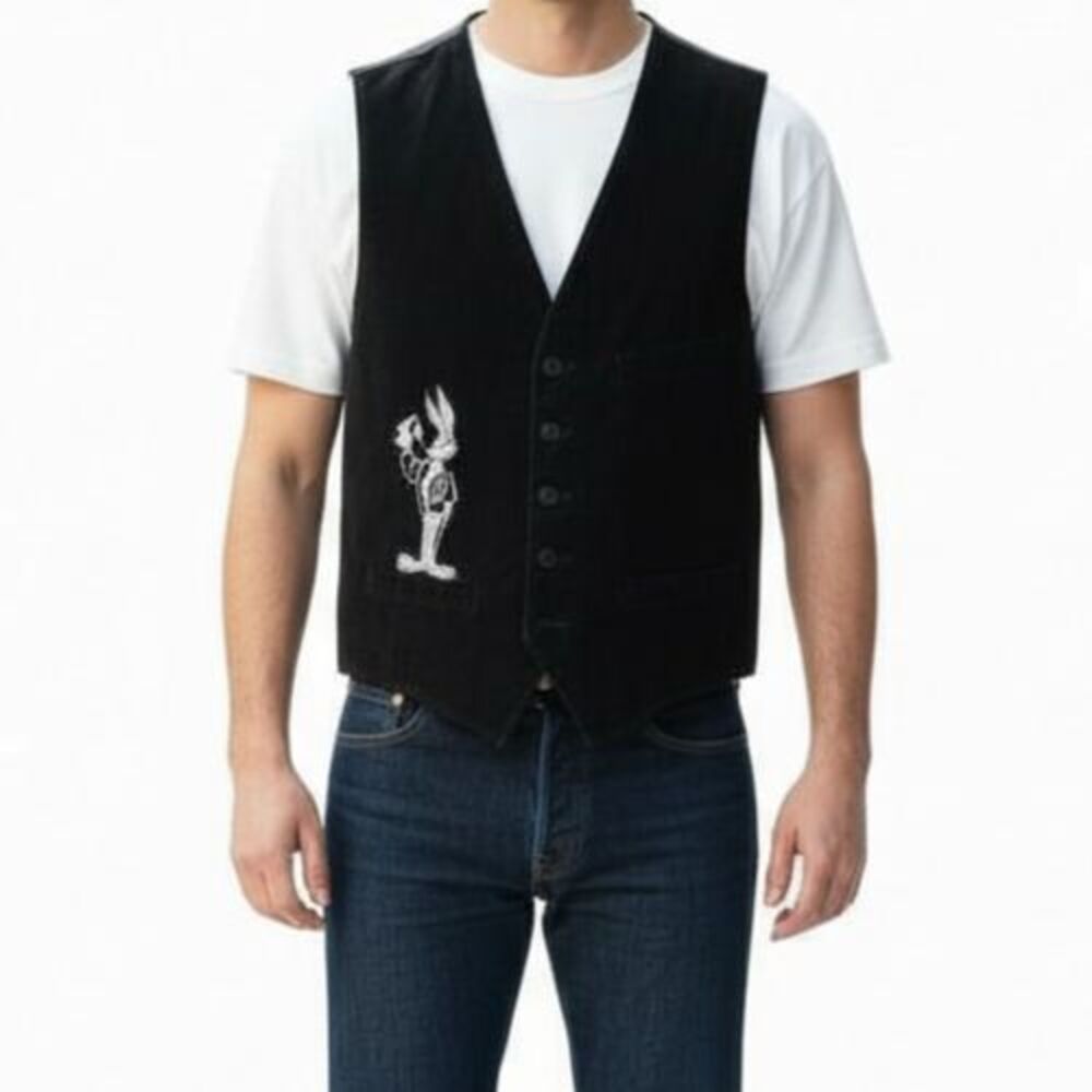 Warner Bros Studio Store Bugs Bunny Velvet Vest L Black 90s Vintage Hong Kong